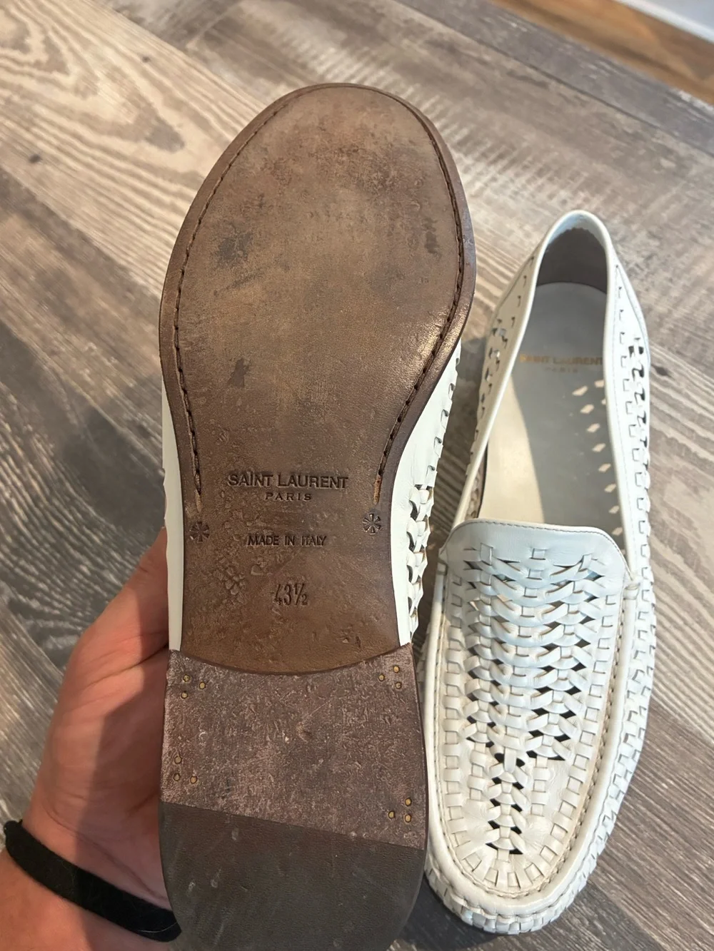 Saint Laurent White Woven Leather Slip-On Loafers